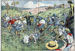Das Diamantenrennen (Südafrika): ein Rennen, um zu entscheiden, wer die Diamantenfelder in der Nähe des Vorkommens besetzen wird. Illustration von Damblans in „Le Pelerin“ vom 3. August von Eugene Damblans