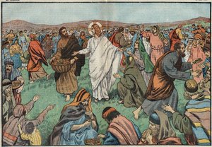 Die Brotvermehrung: am Ufer des Sees Tiberias sättigt Jesus Christus (Jesus Christus) die Bevölkerung, indem er fünf Gerstenbrote und zwei Fische vermehrt. Illustration von Damblans. In „Le Pelerin“ vom 18. März von Eugene Damblans