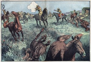 Wilde Pferde werden in den Vereinigten Staaten geschlachtet. Illustration von Damblans. In „Le Pelerin“ vom 31. Januar. von Eugene Damblans