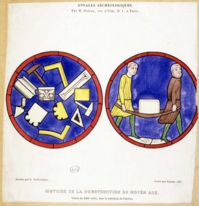 Geschichte des Baus im Mittelalter: Faksimile von Glasfenstern aus dem 13. Jahrhundert, in der Kathedrale von Chartres - Zeichnung von Eugene Viollet-le-Duc (Viollet le Duc) (1814-1879) und mit mehreren maurerischen Symbolen
