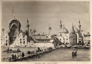Eine Bootsbrücke in Bagdad, Zeichnung von Eugene Flandin, zur Illustration seiner Reise nach Mesopotamien 1840-1842. Gravur in "Le tour du monde" 1861. Sammlung Selva. von Eugene Flandin