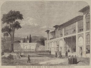 Parade persischer Truppen in den Gärten des Palastes von Shiraz von Eugene Flandin