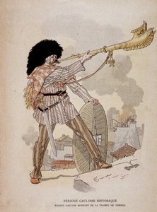 Gallischer Soldat, der das Kriegshorn (Carnyx) bläst - in „Illustrierte Lehrhefte, Kriegskostüme der Bronzezeit und der gallischen Zeit“, ed. Grasset