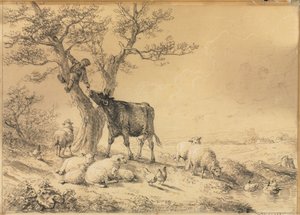 Landschaft mit Tieren und Junge im Baum