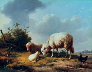 Schafe und Geflügel in einer Landschaft, 19. Jahrhundert