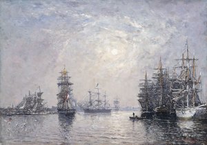 Le Havre, Eure-Becken, Segelboote vor Anker, Sonnenuntergang, 1870 von Eugene Louis Boudin