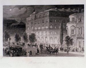 Animation um die Theater des Boulevard des Italiens in Paris. Gravur von Eugene Louis Lami (1800-1890) 1843