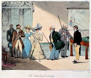 Leben auf dem Schloss: ein Besuch in der Nachbarschaft. Lithographie nach einer Zeichnung von Eugene Louis Lami (1800-1890)