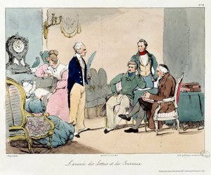 Die Ankunft von Briefen und Zeitungen. Illustration des Buches „La vie de château“. Gravur von Eugene Louis Lami (1800-1890) von Eugene Louis Lami