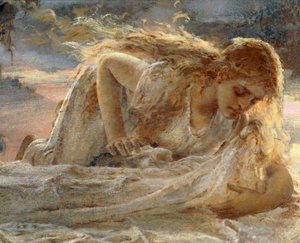 Die Magdalena küsst Christi Füße, als er vom Kreuz genommen wird (Detail) von Eugenio Prati