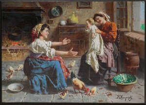 Treffen von zwei Frauen und einem Baby von Eugenio Zampighi