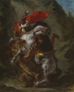 Arabischer Reiter von einem Löwen angegriffen von Eugène Delacroix