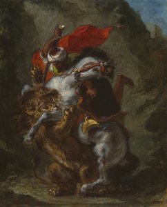 Arabischer Reiter von einem Löwen angegriffen, 1849-50 von Eugène Delacroix