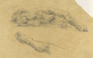 Liegender nackter Mann; sein Bein noch einmal separat von Eugène Delacroix