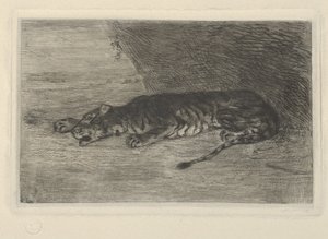Tiger, der am Eingang seiner Höhle liegt, ca. 1828-30 von Eugène Delacroix