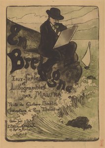 Porträt von Maxime Maufra zeichnend auf einem Felsen in der Bretagne