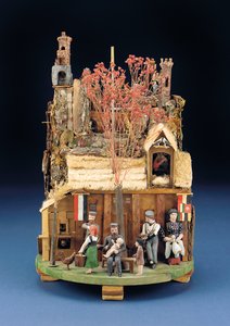 Eine militärische mechanische Szene von Soldaten, die Holzfiguren vor einem Strohdachhaus, spätes 19. Jahrhundert von European School