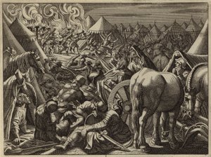 Angriff auf das Lager von Midian durch die 300 von Gideon ausgewählten Soldaten (Gravur) von European School