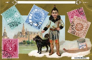 Dänische und isländische Briefmarken mit einem Inuit-Kind und seinem Hund, 1897