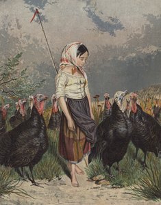 Mädchen, das eine Herde Truthähne hütet von European School