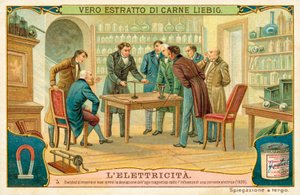 Hans Christian Oersted zeigt seinen Freunden die Ablenkung der Magnetnadel unter dem Einfluss eines elektrischen Stroms, 1820 von European School