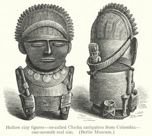 Hohle Tonfiguren, sogenannte Chicha-Antiquitäten aus Kolumbien (Gravur)