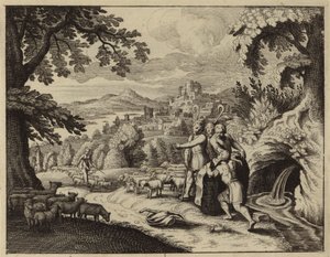 Jakob rollt den Stein vom Brunnenmund, um die Schafe Labans zu tränken (Gravur)