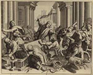 Jesus Christus vertreibt die Geldwechsler aus dem Tempel (Gravur) von European School