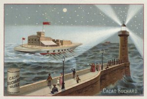 Großes Schiff mit Rudern beleuchtet von einem Leuchtturm