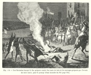 Die Sarazenen werfen griechisches Feuer gegen die Holztürme und die von der Armee des heiligen Ludwig vorbereiteten Werke, um einen Nilarm zu überqueren