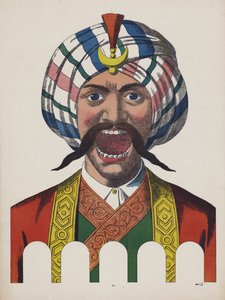 Mann in türkischer Tracht mit weit geöffnetem Mund (Farblithografie)