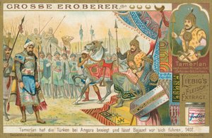 Tamburlaine erobert Bajazeth, Liebig-Karte, frühes 20. Jahrhundert von European School