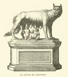 Die kapitolinische Wölfin, Bronzeskulptur, die die Wölfin zeigt, die Romulus und Remus, die Zwillingsgründer Roms, säugt