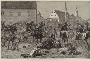 Die Unruhen in Kroatien, Husaren zerstreuen Aufständische in Agram (Stich) von European School