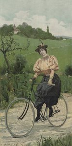 Frau fährt Fahrrad auf einer Landstraße (Farblithografie)
