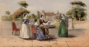 Frauen trinken Tee oder Kaffee im Garten eines Landhauses