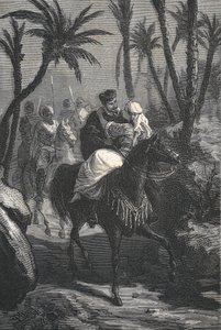 Cervantes reitet mit einer Frau in einer Oase von Eusebio Planas