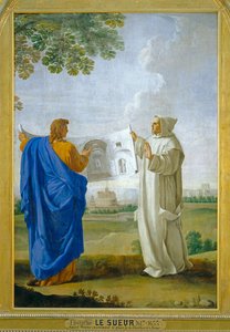 Der heilige Bruno untersucht eine Zeichnung der Thermen von Diokletian, zukünftiger Standort der Kartause von Rom von Eustache (studio of) Le Sueur