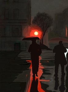 Mann geht im Regen bei Nacht