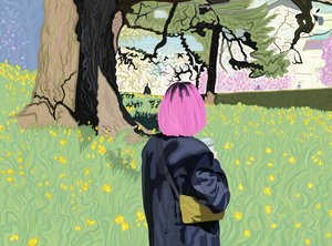 Frau mit pinkem Haar und Narzissenfeld