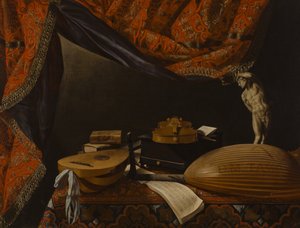 Stillleben mit Musikinstrumenten, Büchern und Skulptur, ca. 1650 von Evaristo Baschenis