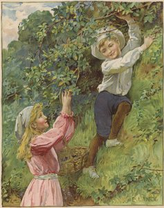 Ein junges Mädchen und ein junger Junge pflücken Brombeeren von Eveline Lance