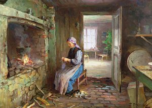 Frau strickt am Kamin von Even Ulving