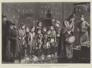 Was übrig bleibt; oder, Krümel vom Tisch des Reichen, Skizze vor einem Fischhändler- und Geflügelhändlerladen von Everard Hopkins