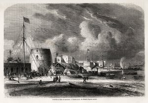 Hafen der Stadt Sansibar (heutiges Tansania), Zeichnung von Evremond de Berard (1824-1881), zur Illustration der Reise von Captain Burton zu den Großen Seen Ostafrikas in den Jahren 1857-1859. Gravur in „Le tour du monde, nouveau journal des voyages“ Paris von Evremond de (after) Berard