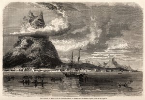 Reede und Spitze der Insel Borabora, Zeichnung von Evremond Auguste de Berard (1824-1881), zur Illustration der Reise eines Naturforschers im Galapagos-Archipel und den Koralleninseln, 1858 von Charles Darwin (1809-1882). Gravur in „Le tour du monde“ von Evremond de (after) Berard
