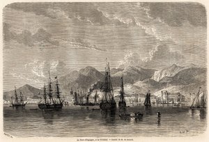 Der Hafen von Spanien, in Trinidad (Trinidad und Tobago), Zeichnung von Evremond Auguste de Berard, zur Illustration der Reisen in die Westindischen Inseln, 1858-1859, von Anthony Trollope. Gravur in "Le tour du monde, nouveau journal des voyages" von Evremond de (after) Berard