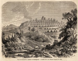 Ansicht von Tananarive, Hauptstadt von Madagaskar, Zeichnung von Evremond de Berard (1824-1881), zur Illustration von Ida Pfeiffers Reise nach Madagaskar im Jahr 1857. Gravur in „Le tour du monde“ 1861. Sammlung Selva von Evremond de (after) Berard