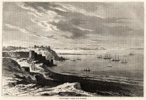Ansicht von Tanger (Marokko), Zeichnung von Evremond de Berard (1824-1881), zur Illustration der Reiseberichte von M.F. Schickler nach Marokko. Gravur in „Le tour du monde, nouveau journal des voyages“ Paris