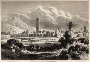 Ansicht der Stadt Marrakesch (ehemals Marokko), Zeichnung von Auguste de Berard (1824-1881), zur Illustration der Reise von Mr.F. Schickler nach Marokko im Jahr 1860. Gravur in „Le tour du monde, nouveau journal des voyages“ Paris von Evremond de (after) Berard